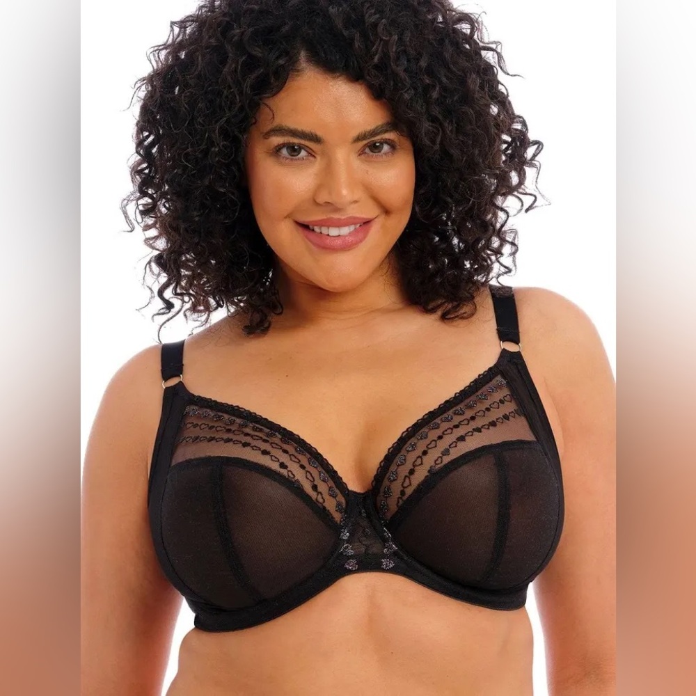 Elomi Matilda Disco Kiss Heart Embroidered Black Underwire Plunge Bra Sheer 38K
